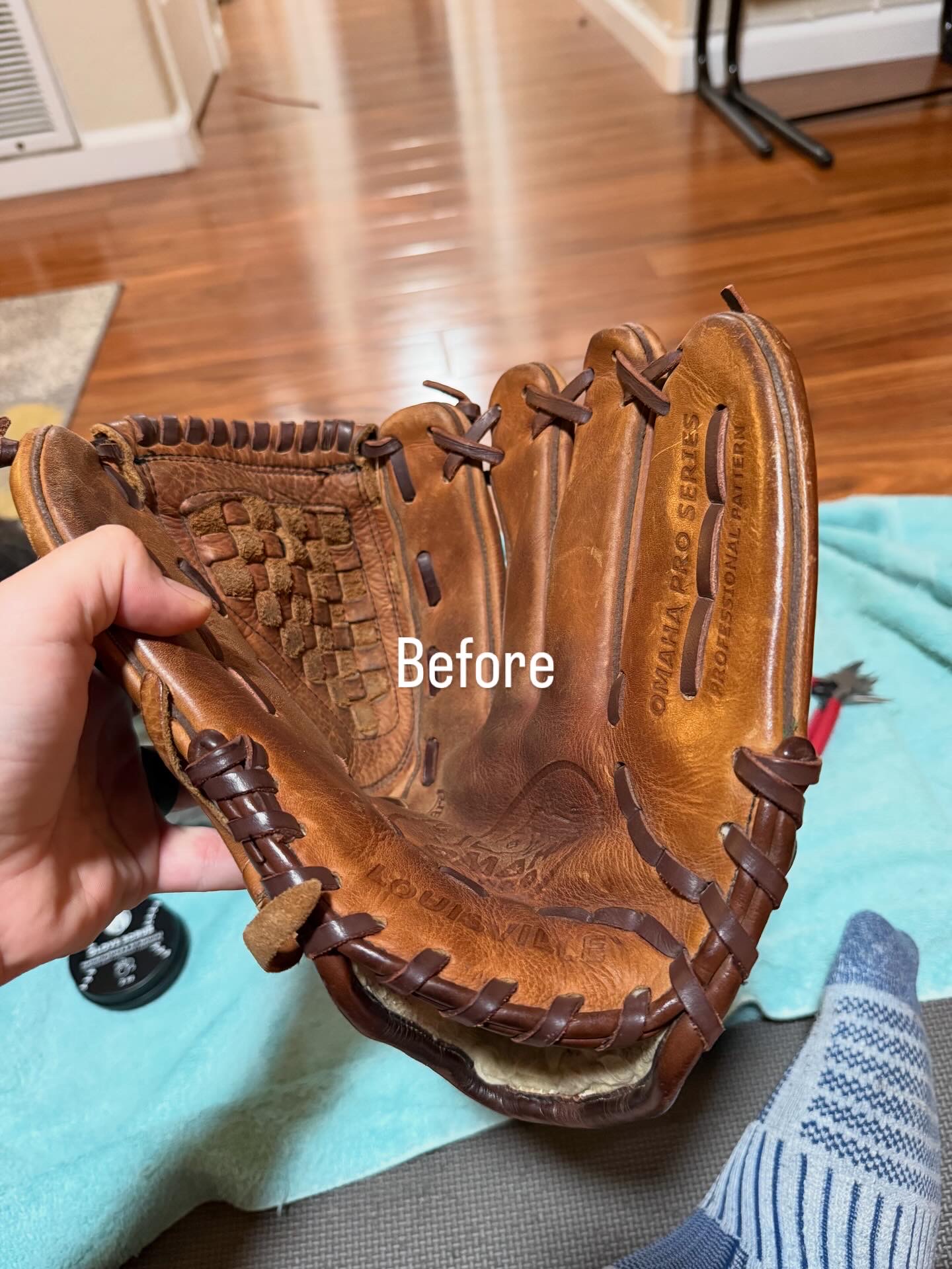 Baseball glove before relacing