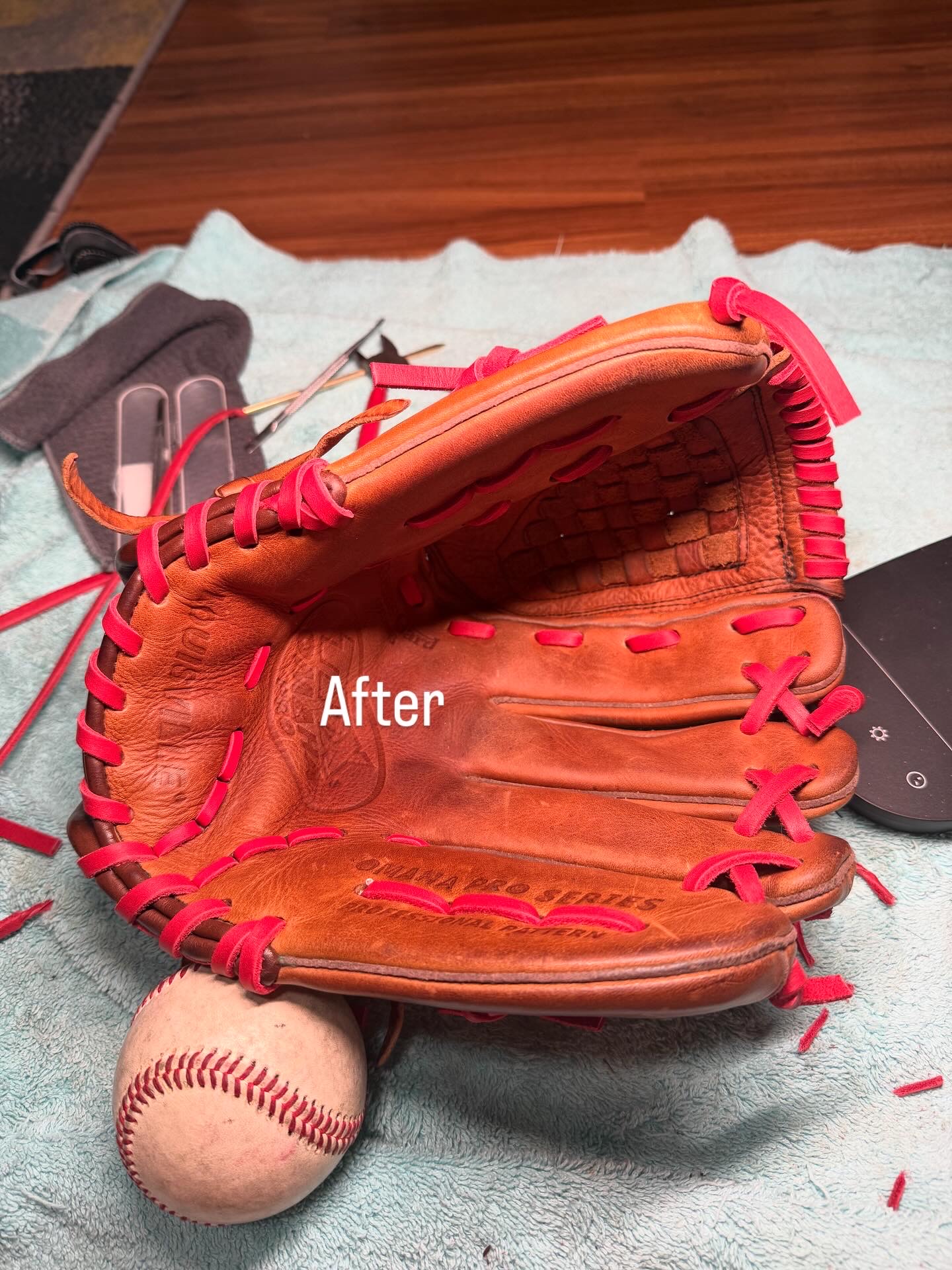 Baseball glove after relacing